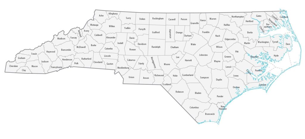 Map of all 100 Counties in North Carolina ( NC Bail Bond Service Area)